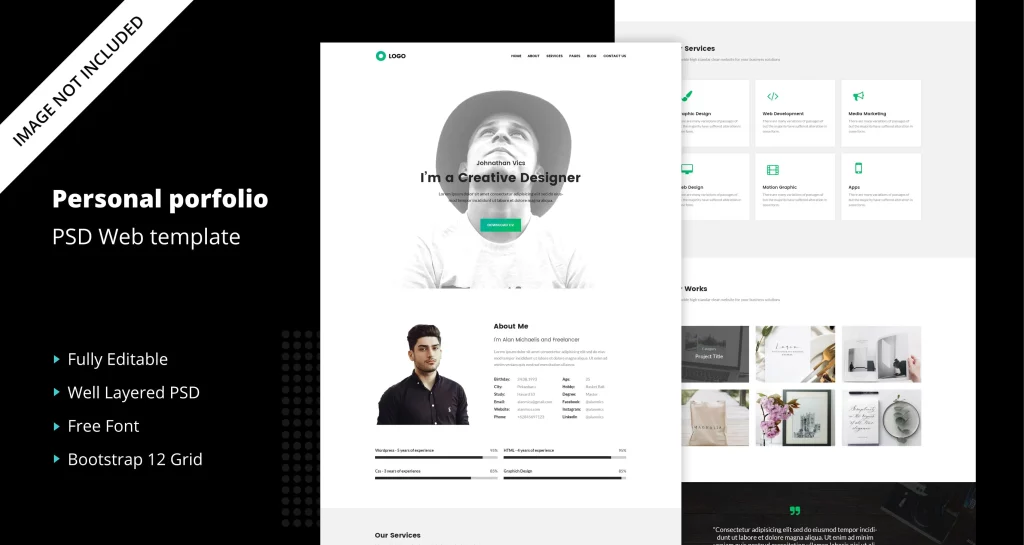 قالب رزومه و نمونه‌کار شخصی PSD با طراحی مینیمال و حرفه‌ای